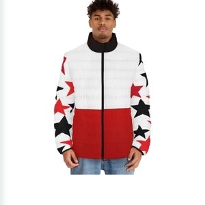 Men's Star Pattern Puffer Jacket - Red, White, and Black